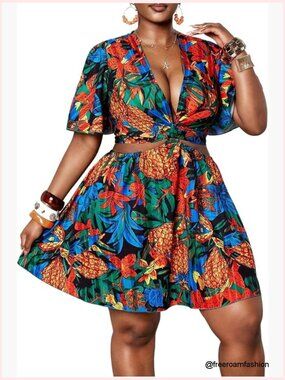 Plus Size Tropical Mini Dress Cut Out V-Neck Short Sleeve Summer Flowy